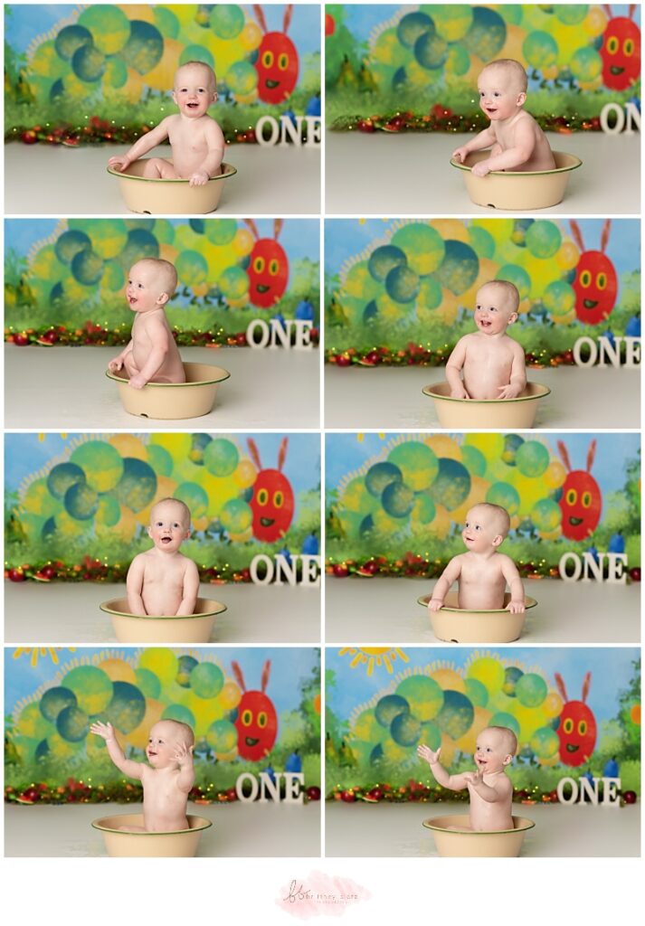A very Hungry Caterpillar cake smash bubble bath clean up